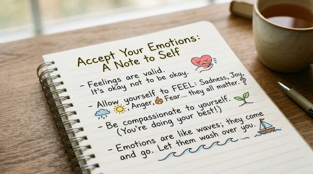 Self Care Notebook Accepting Emotions Mental Health Positive Affirmations and Mindfulness on a Desk