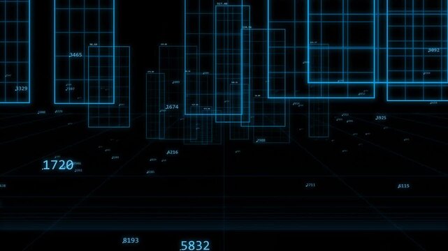 Abstract digital technology background with floating blue rectangular grids and scattered numerical data points
