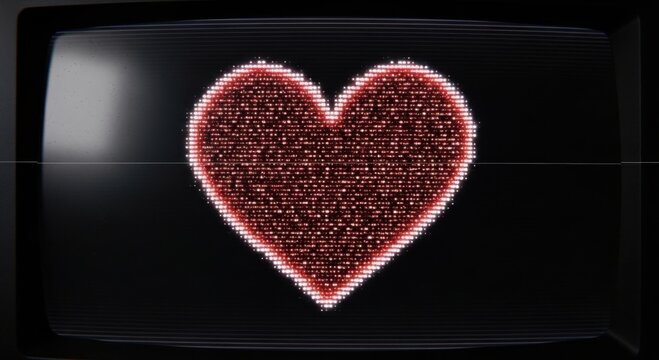 Glowing red heart shape formed by digital pixels on an old vintage television screen with scanlines, retro technology aesthetic, dark background, symbol of love and digital communication concept