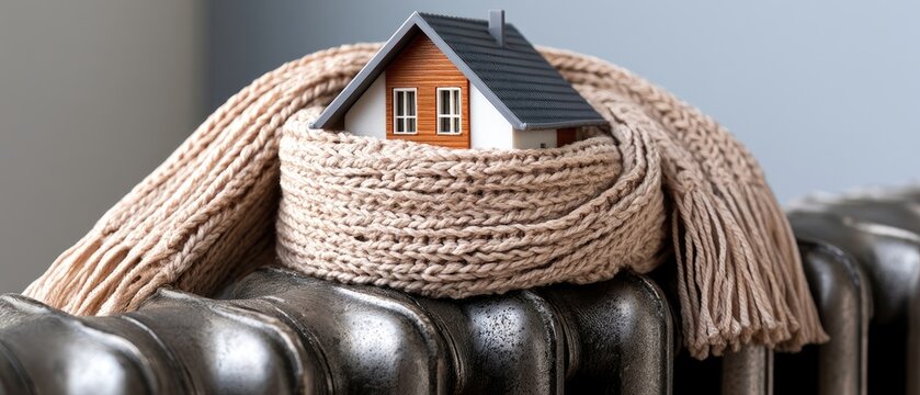 Close up of a small toy house wrapped in a knitted scarf resting on a dark metal radiator against a gray wall in natural light