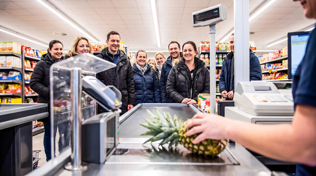 Diverse customers waiting in a supermarket checkout queue with pineapple