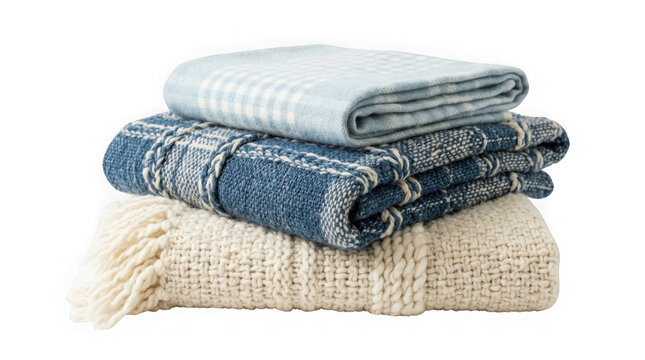 Stack of folded warm blankets in blue and white colors isolated on transparent background