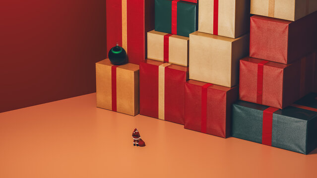 Tiny Santa Claus Delivering Gifts at a Festive Present Wall