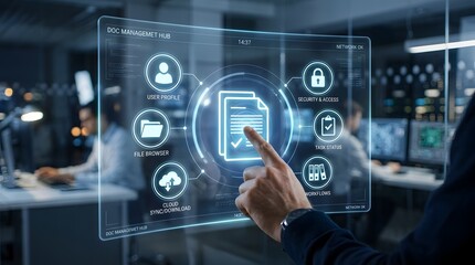 Obraz premium Businesswoman Using Transparent Digital Interface with Cybersecurity and Innovation Icons