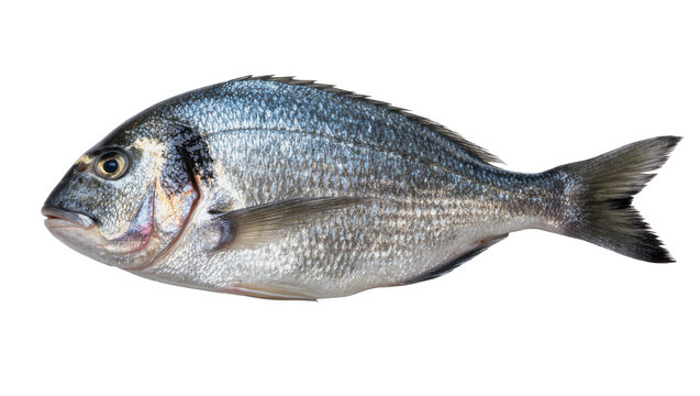 Whole raw gilthead sea bream fish with silver scales, isolated on transparent background