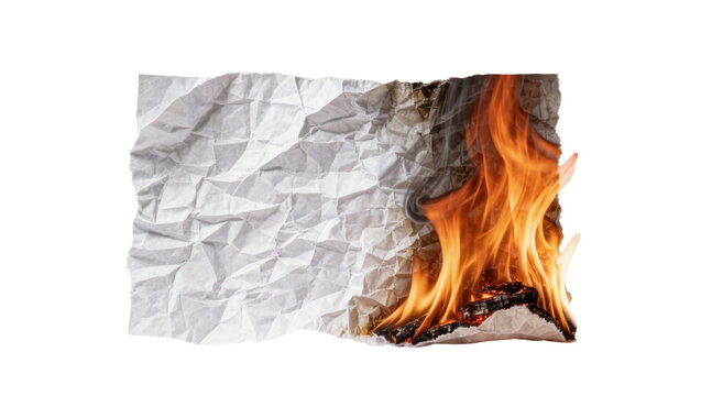 Crumpled white paper sheet burning with bright orange flames, isolated on transparent background