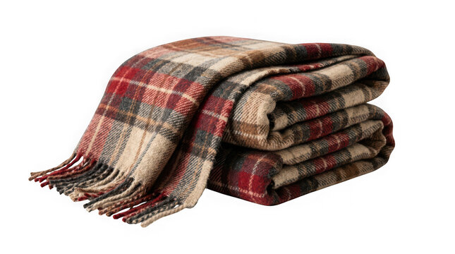 Folded warm wool plaid blanket with tartan pattern isolated on transparent background
