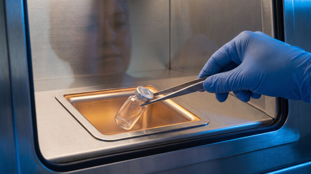 Technician places medicine vials inside a shielded transfer chamber