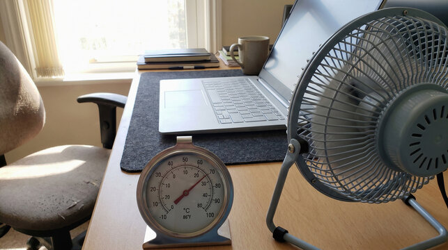 Home Office Summer Heat: Desk Thermometer Next to Electric Fan