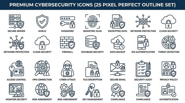 Cybersecurity line icon set representing data protection, network security, cloud safety, firewall, encryption, and digital privacy on white background