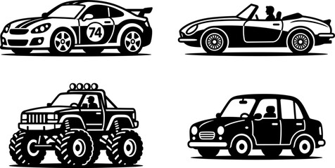 Set of four different types of cars including a sports car, convertible, monster truck, and sedan © Mst Joyna Begum