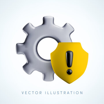 Vector realistic 3D security settings warning icon. Metallic gear with yellow shield, exclamation mark. System protection, security alert, configuration problem, software safety, maintenance concept.