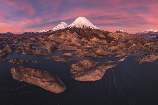 Parinacota Volcano above Lauca National Park wetlands at dawn