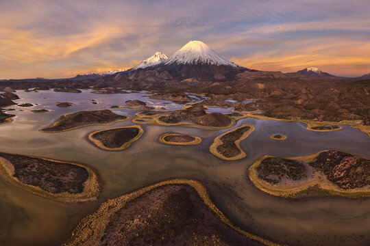 Parinacota Volcano above Lauca National Park wetlands