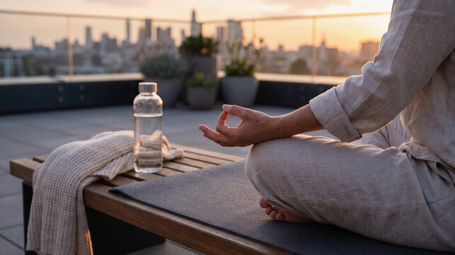 Mindful Rooftop Meditation at Sunset Over the City Skyline