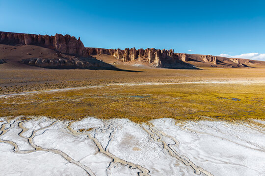 Tara Salt Flat geological landscape in Atacama Desert, chile