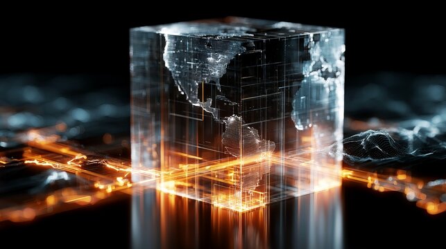 Glowing cube encapsulates a digital earth model, showcasing interconnectedness, global network, and innovative data visualization concept