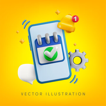 Vector cartoon 3D mobile calendar planner app. Render of smartphone with calendar, completed task checkmark, notification bell, settings gear. Schedule, productivity, reminder, time management concept