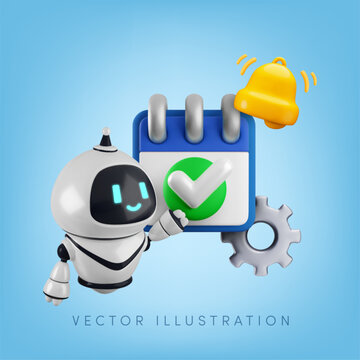 Vector cartoon 3D AI task manager robot concept. Render of chatbot assistant with calendar, notification bell, completed task checkmark, settings gear. Productivity, scheduler, workflow automation.