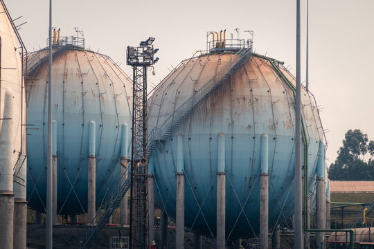 Industrial gas storage tanks at Gijon processing facility