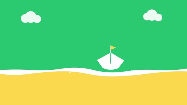 Small paper boat with yellow flag floating on a green water surface