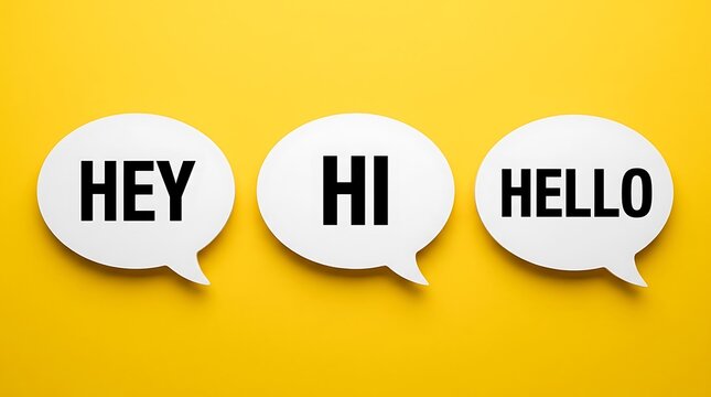 Three white speech bubbles with text saying hey hi and hello on yellow