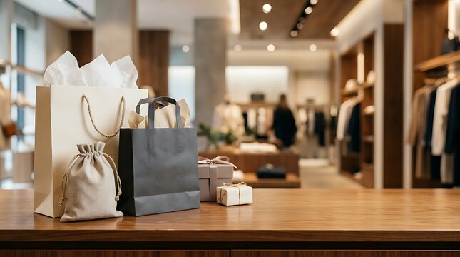 Shopping bags and gift boxes sitting on a wooden counter in a clothing boutique. Retail and holiday consumerism concept with blurred store background.