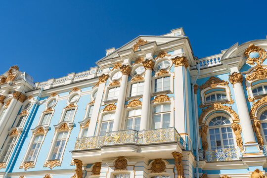 Ornate Catherine Palace facade in Tsarskoye Selo, Russia