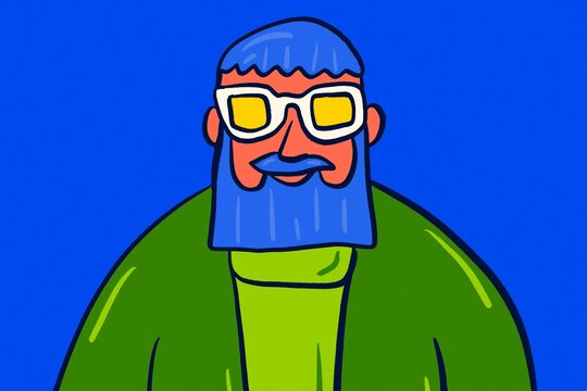 Bearded man with glasses in colorful futuristic illustration