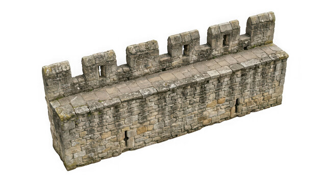 Stone medieval castle wall with battlements and arrow slits isolated on transparent background