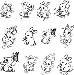 Obraz premium Premium Cute Bunny Rabbit Floral Line Art Vector Set – Editable Illustrations for Coloring Books, Art Books, Stickers, Crafts and Creative Projects