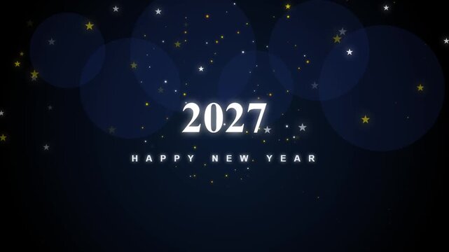 Happy New Year 2027 with glowing stars and blue bokeh