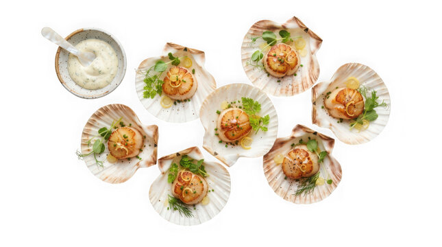 Top view of seared scallops served in shells with a side of creamy sauce isolated on transparent background