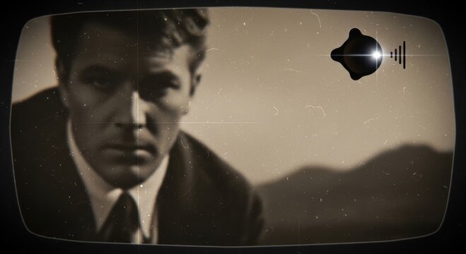 Vintage television screen displaying a black and white portrait of a serious man in a suit and tie, with a retro grain effect, dust scratches, and a glowing signal in the right corner
