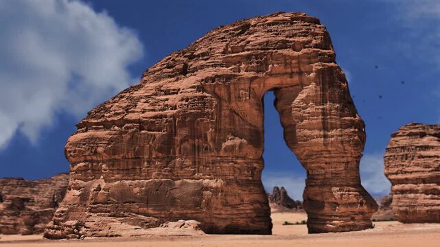Elephant Rock in Al Ula, Madinah, near Madain Saleh, Saudi Arabia (KSA) Saudi Arabia. Unesco World Heritage site, a landscape of sand, rocks, canyon and and tombs. Near to Hegra and main tourist site