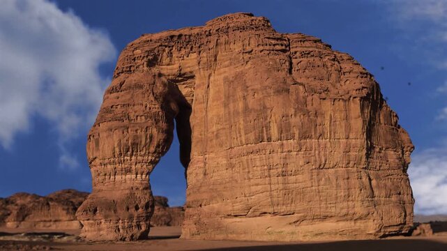 Elephant Rock in Al Ula, Madinah, near Madain Saleh, Saudi Arabia (KSA) Saudi Arabia. Unesco World Heritage site, a landscape of sand, rocks, canyon and and tombs. Near to Hegra and main tourist site