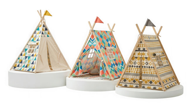 Three children play teepees isolated on transparent background
