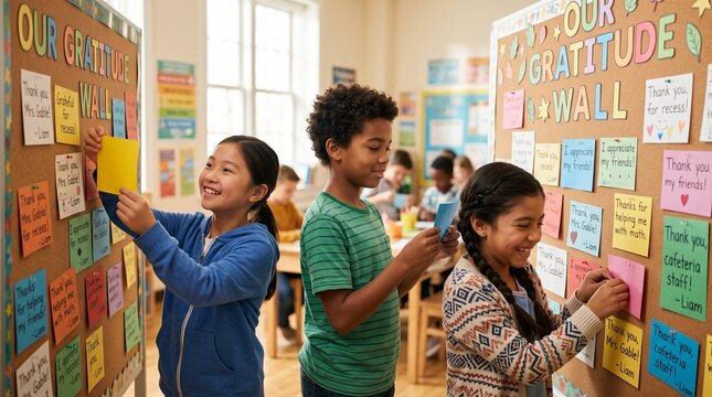 Diverse elementary students adding gratitude notes to classroom thankfulness wall with copy space