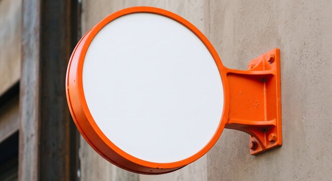 Blank round orange store sign mockup on a wall, empty corporate signboard presentation