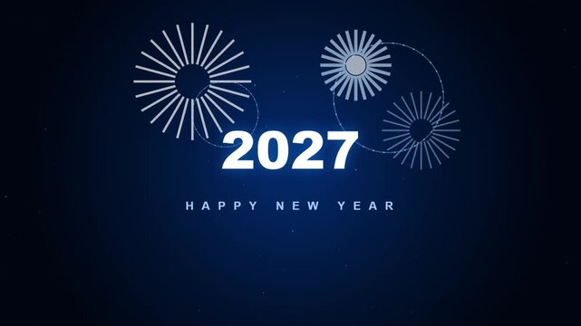 Happy New Year 2027 with minimal blue radial fireworks