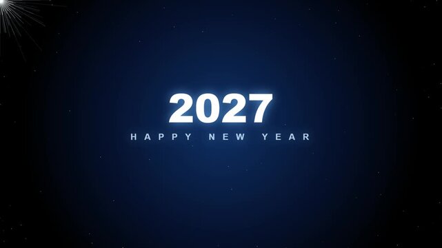 Minimal Happy New Year 2027 with subtle fireworks on blue