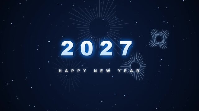 Happy New Year 2027 with spaced numbers and circular fireworks