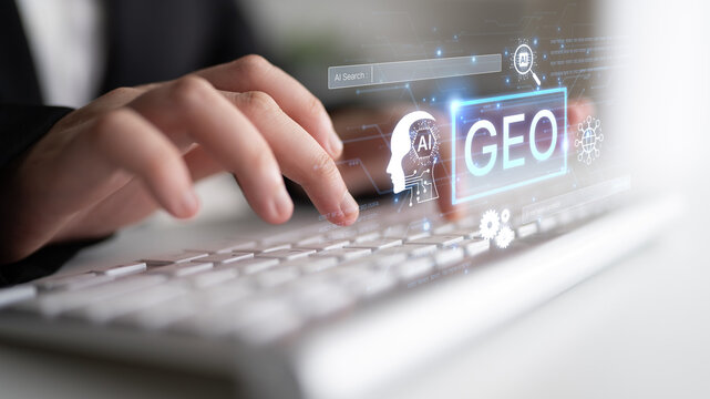 Digital marketing concept featuring GEO strategy. Generative AI search visual shows GEO interface integrating intelligence, logic, and AI input system for prompt tasks. Corpus