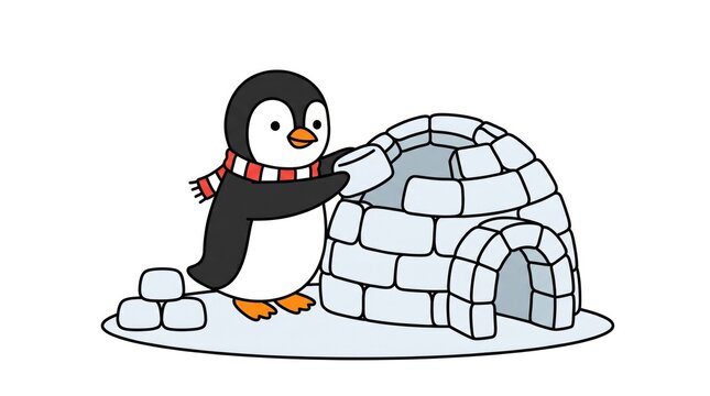 Adorable penguin wearing a scarf stands near an igloo in a winter scene