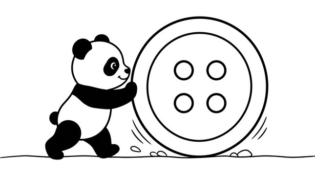 Panda bear playfully pushing a large button in a whimsical black and white illustration