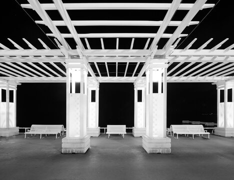 Night view of seaside pergola in Nice, France