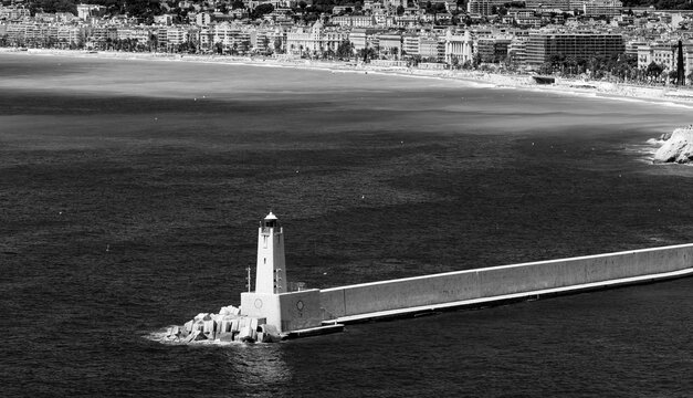 Lighthouse at Nice harbor on the French Riviera coastline