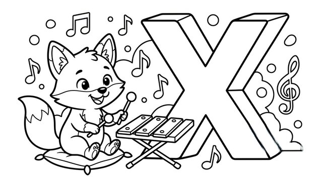 Charming illustration of a fox playing the xylophone with the letter x for educational purposes