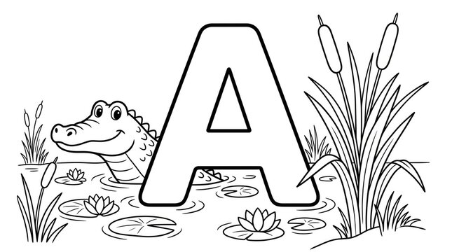 Letter a with an alligator illustration and swamp vegetation in black and white