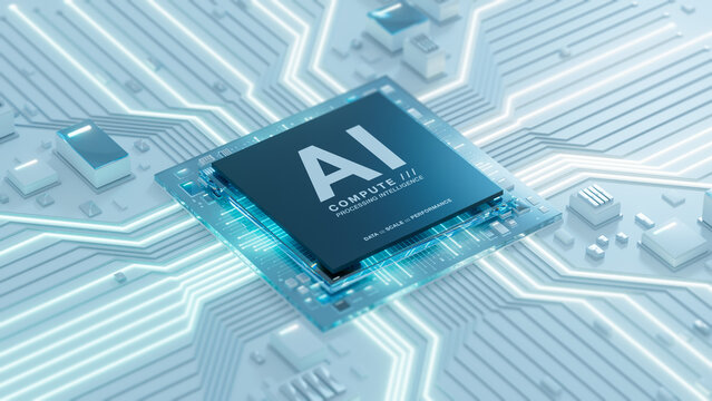 Artificial Intelligence Chip on Glowing Glass Circuit Board